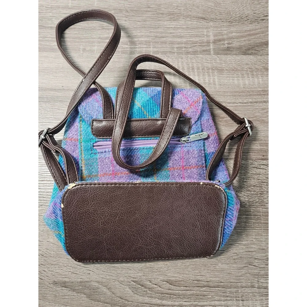 Glen Appin Harris Tweed Wool Plaid Small Backpack Purple Teal Blue Brown Tartan
